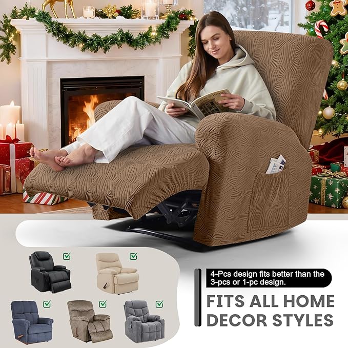 VANSOFY Recliner Chair Covers, 4-Pieces Stretch Recliner Cover Jacquard Soft Reclining Chair Slipcover Furniture Protector with Elastic Bottom for Lazy Boy Recliner(Light Coffee)