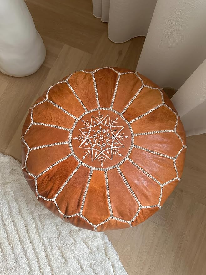 Premium Moroccan Leather Pouf - Handmade - Delivered Stuffed - Ottoman, Footstool, Floor Cushion (Sand Brown)