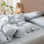 MooMee Gingham Duvet Cover Set 100% Washed Cotton Linen Like Textured Breathable Durable Soft Comfy Modern Checkered Design (Classic Gingham Cornflower Blue, Oversized Queen 98"x98")