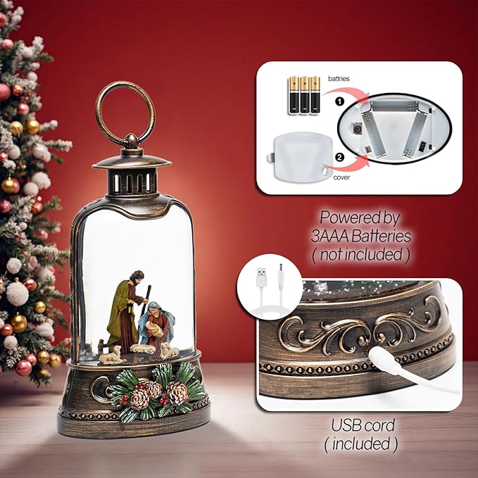 9.6" Christmas Snow Globe Lantern with Nativity - Water Swirling Glitter LED Light Musical Lantern with Exterior Decor - Vintage Xmas Gifts - USB Plug or Battery Operated Home Decor (Nativity)