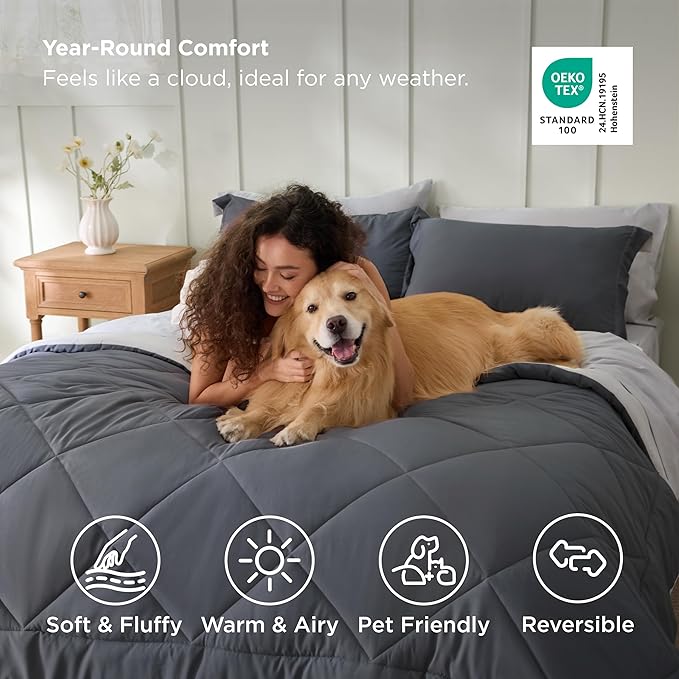Bedsure Twin Comforter Set - 5 Pieces Reversible Dark Grey Bedding, Twin Size Bed Set for All Seasons, Bed in a Bag with Down Alternative Comforter, Sheets, Pillowcase & Sham