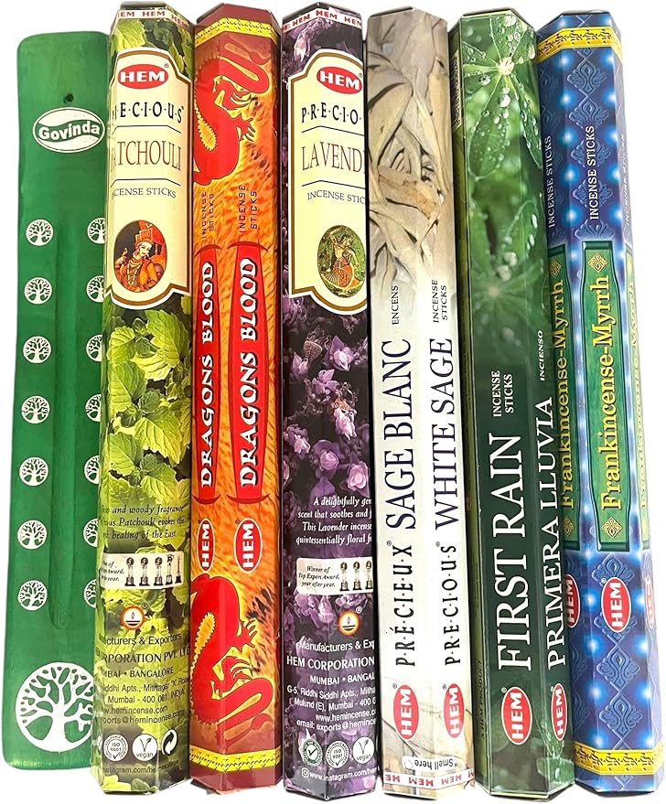 Hem Incense Sticks Variety Pack #1-120 Insence-Sticks (6 Incents x 20 Insense) + Incense Stick Holder Bundle with 6 Top Scents Including Lavender Patchouli Dragons Blood White Sage