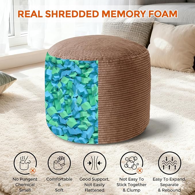 Pouf Ottoman Foot Rest, Comfortable & Soft, Round Footstool for Living Room, Bedroom, Office, Room Decoration, Corduroy Foot Stool Pouf with Odorless & Anti-Clump Filling, Large Brown