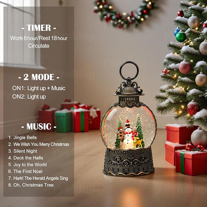 Snowman Snow Globe Christmas Decorations Indoor Deer Cardinal Snowman Gifts Classic Relief Texture Musical Glitter Snowfall USB/Battery Timer Lantern 10.6 inch