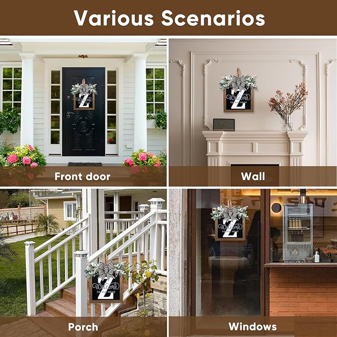 Ultra Large 14'' Last Name All Year Round Front Door Wreath with 26 Initial Letter Welcome Sign All Seasons Eucalyptus Garland and Bow Wreaths for Front Door Porch Farmhouse Decoration (Z)