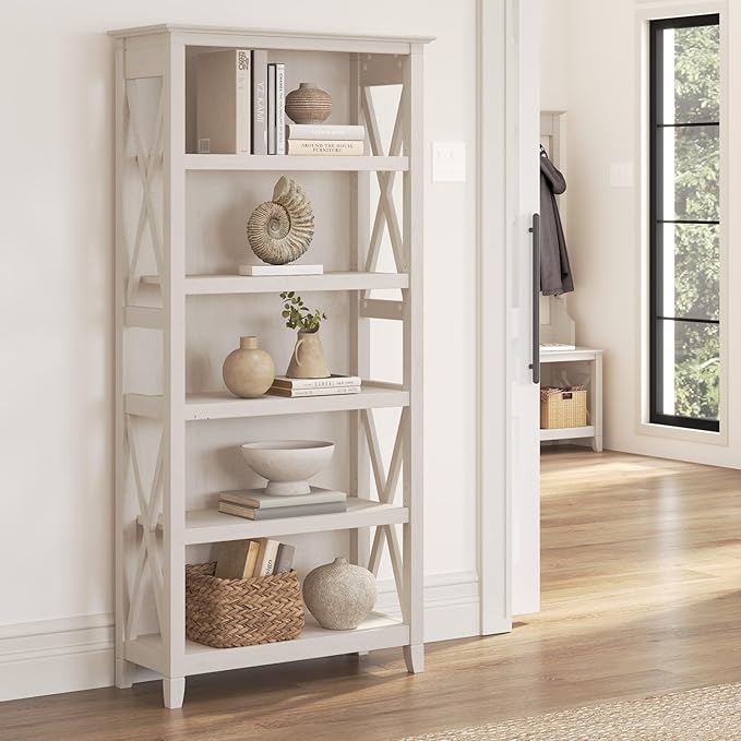 Bush Home Tall 5 Shelf Bookcase for Living Room or Home Office, Large Bookshelf, Modern Farmhouse Style, Key West Collection, Linen White Oak