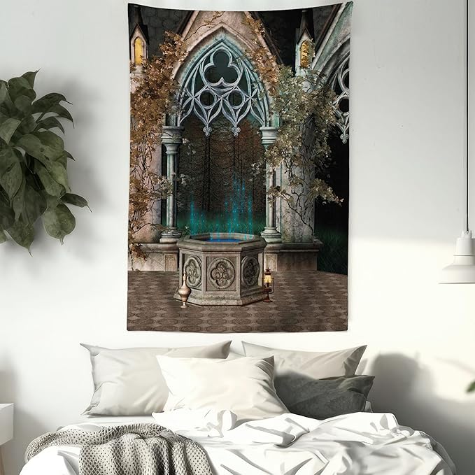 Ambesonne Gothic Tapestry, Patio with Enchanted Wishing Well Ivy on Antique Gateway to Forest, Wall Hanging for Bedroom Living Room Dorm Decor, 40" X 60", Taupe Green