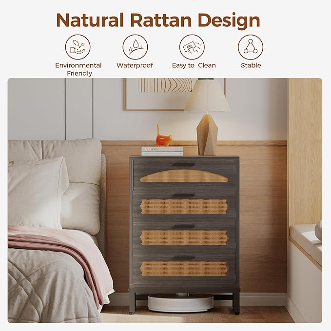 Mericonia 4 Drawer Rattan Dresser for Bedroom, Wood Tall Dresser for Closet with Metal Handles, Boho Nightstand Sets, Dressers & Chests of Drawers for Bedroom, Hallway and Entryway, Black