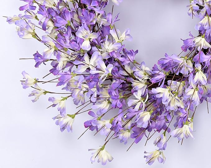 Spring Wreath for Front Door, 24 Inch Purple Forsythia Wreath for Door, Spring Wreath Blossom Cluster Flower Farmhouse on Grapevine for Festival Celebration