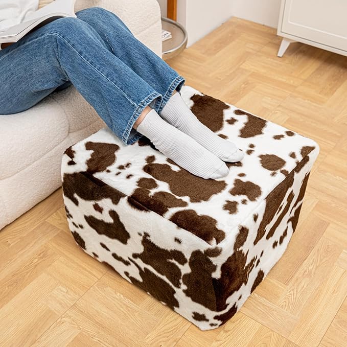 20x20x14 Inches Fluffy Square Pouf Ottoman - Plush Furry Ottoman Foot Rest Stool with High-Density Foam, Versatile Floor Seating for Living Room (Coffee Cow Print)