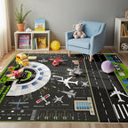 Airport Runway Play Rug for Kids - Interactive Airplane Faux Wool Rug with Aircraft Traffic System Design, Non-Slip Educational Aviation Carpet for Nursery, Playroom & Bedroom Gifts.
