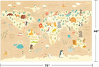 Kids Bedroom Rug with World Map & Animals – 4x6 Educational Washable Play Mat for Playroom, Cute Global Animal, Featuring Continents & Native Wildlife Carpet for Dorm or Classroom - Soft Beige