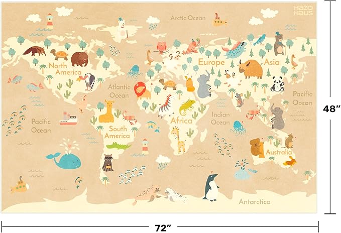 Kids Bedroom Rug with World Map & Animals – 4x6 Educational Washable Play Mat for Playroom, Cute Global Animal, Featuring Continents & Native Wildlife Carpet for Dorm or Classroom - Soft Beige