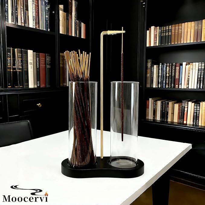 Glass Incense Holder, Black Incense Sticks Burner Holder with Storage,Hang Upside Down Incense Holder for Sticks with Glass Ash Catcher for Meditation Yoga Spa Room Decor (Black)