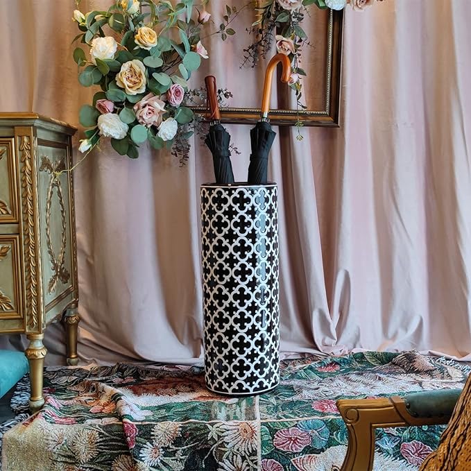 Porcelain Ceramic Umbrella Stand Holder Modern Style Floor Vase for Storage Canes Walking Sticks Golf Umbrella Mono-pods Tripod Bat Golf Club Gift Entryway Indoor 24" High Black&White
