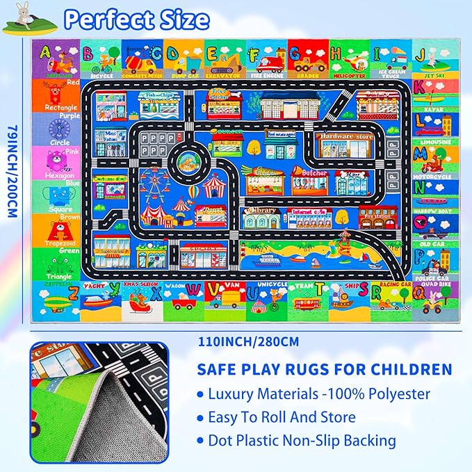 Kids Rugs for Toy Cars Playroom 110"×78.7" ABC Transportation Animals Play Mat Educational Mat Alphabet Area Rug Public Buildings Kids Playtime Collection Toddler Learning Carpet