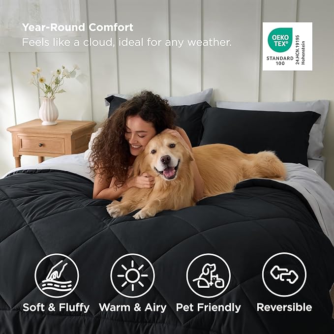 Bedsure King Size Comforter Set - 7 Pieces Reversible Black Bedding, King Size Bed Set for All Seasons, Bed in a Bag with Down Alternative Comforter, Sheets, Pillowcases & Shams