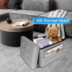 Ottoman with Storage Foot Stool, 17 Inches Folding Storage Ottomans, Leather Upholstered Ottoman Foot Rest with Side Pockets, Suitable for Living Room, Bedroom, Cafe, Grey