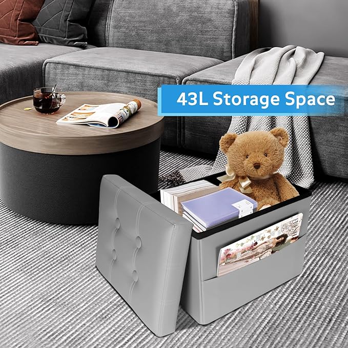 Ottoman with Storage Foot Stool, 17 Inches Folding Storage Ottomans, Leather Upholstered Ottoman Foot Rest with Side Pockets, Suitable for Living Room, Bedroom, Cafe, Grey
