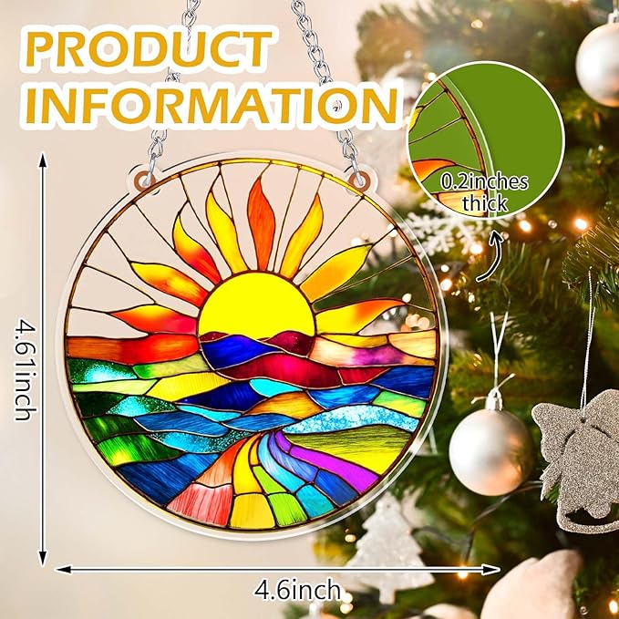 Acrylic Suncatcher for Windows, Colorful Acrylic Hanging Ornament for Indoor Home Decor, Sun Catcher with Sun Mountain Landscape, Ornament