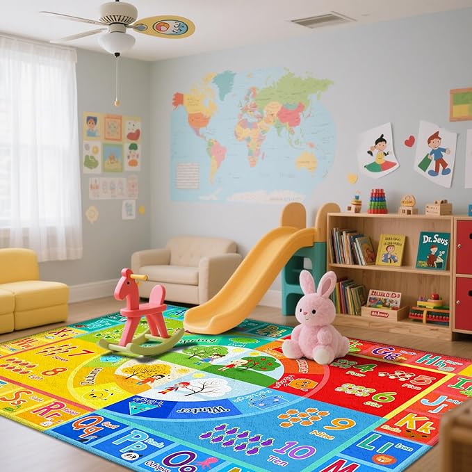 5x7 Kids Rug for Classroom & Playroom - ABC Alphabet Educational Area Rug with Animals Numbers & Colors - Non-Slip Carpet Playmat for Nursery Preschool Elementary