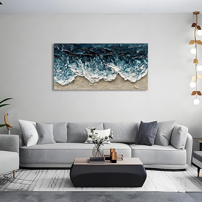 Art Hand-Painted Blue Ocean Beach Landscape Oil Painting Large Abstract Canvas Art Home Wall Decoration 24x48 inches