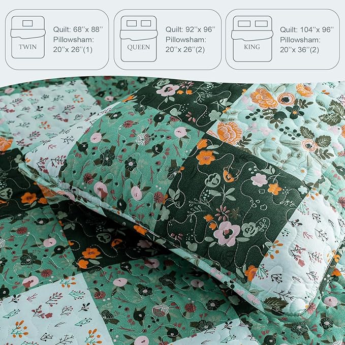 Exclusivo Mezcla Reversible Boho Quilts King Size, Green Bedspreads Lightweight Coverlet All Season Patchwork Quilt Bedding Set with Printed Floral Pattern (1 Quilt, 2 Pillow Shams)