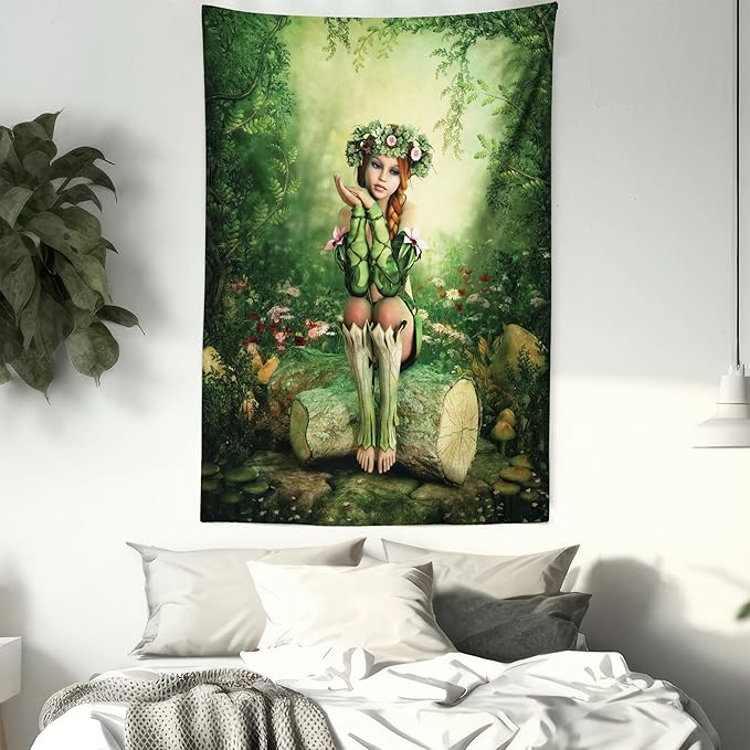 Ambesonne Tale Tapestry, Computer Art Elf Girl Wreath Her Head Sitting on a Tree Stump, Fabric Wall Hanging Decor for Bedroom Living Room Dorm, 30" X 45", Green Beige Pink