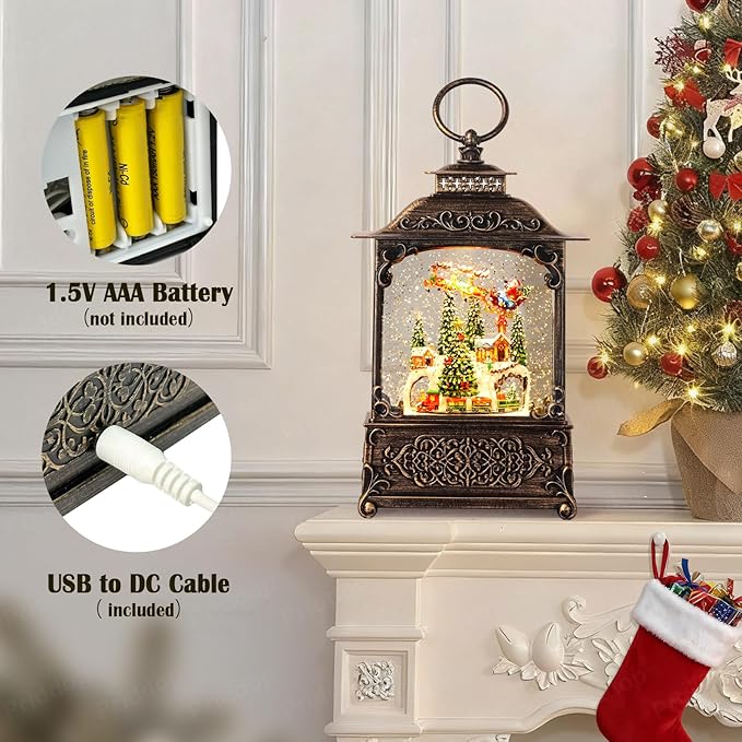 Village Snow Globe Christmas Decorations Indoor Santa Claus Reindeer Church Cabin Snow Village Scene Gifts Classic Relief Texture Musical Glitter Snowfall USB/Battery Timer Lantern 10.4 inch