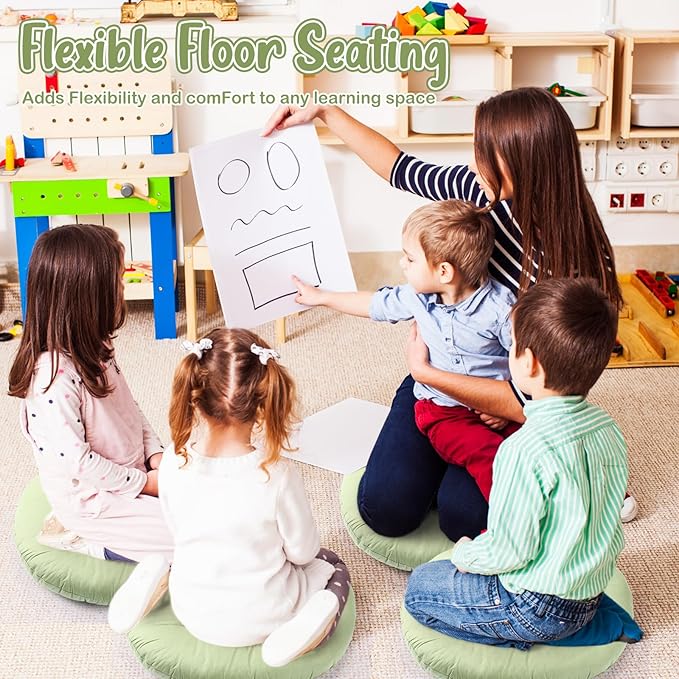 Fumete 12 Pcs Floor Pillows Cushions Seating 16 x 16 Inches Color Round Seat Reading Floor Chair Cushions for Kids Adults Classroom Home School Playing Supplies(Green)