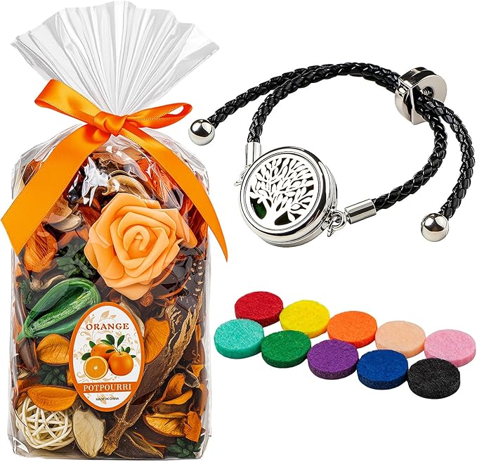 Potpourri Bags & Essential Oil Bracelet Set, Home Decor Scents of Citrus, Fall Potpourri Bowl Fillers + Aroma Diffuser Stainless Bracelet, Women Gifts for Mom, Grandma, Wife, Friend-Orange