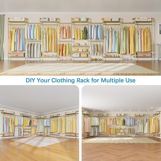 Timate U4 U Shape Garment Rack Heavy Duty Clothes Rack for Hanging Clothes, Expandable Industrial Pipe Clothing Rack Wall Mounted Closet Extra Large Closet Rack Walk in Closet System, Closet Kit Gold