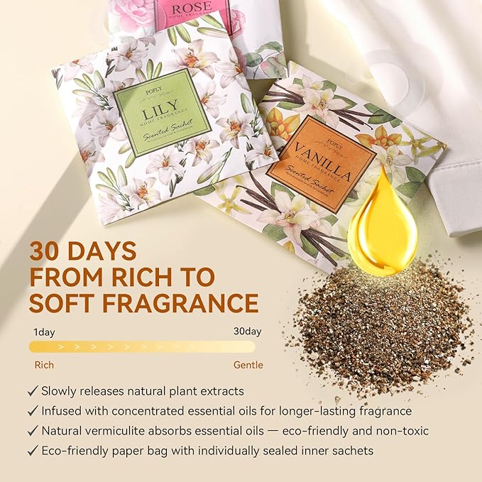 12 Pack Large Rose Scented Sachets – Hanging Closet & Drawer Deodorizer & Air Freshener, Long-Lasting Aroma