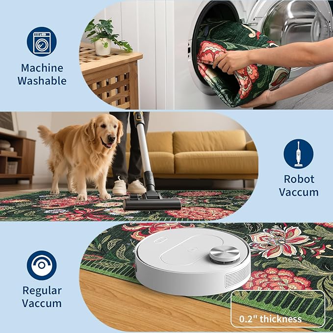 GarveeHome Forest Green Floral Botanical 2.5x8 Washable Kitchen Runner Rugs Non Slip Vintage Boho Cottage Long Rug for Hallways Bedroom Entryway Bathroom Mat with Rubber Back
