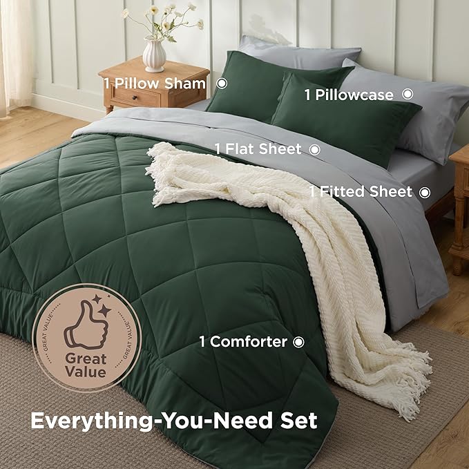Bedsure Twin Comforter Set - 5 Pieces Reversible Forest Green Bedding, Twin Size Bed Set for All Seasons, Bed in a Bag with Down Alternative Comforter, Sheets, Pillowcase & Sham