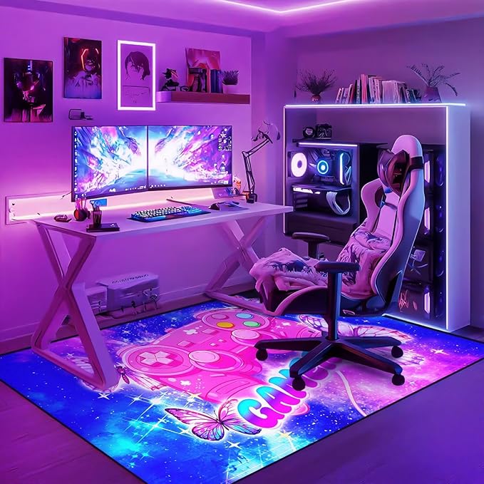 Pink Gaming Rugs for Girls Bedroom Butterfly Rug 4x6 ft Gaming Room Decor Gaming Area Rug Teen Gamer Blue and Pink Carpet for Livingroom,Kids Room,Playroom & Game Room Non-Slip Floor Mat