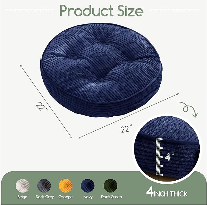 Washable Floor Pillow Cushion for Adults, Meditation Cushion Pillow, Large Round Floor Sitting, Removable Tufted Corduroy Cover, for Tatami Living Room or Yoga, 22x22 Inch, 2Pack, Machine Washable