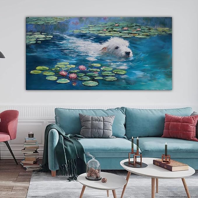 Dog Monet Wall Art with - Large Canvas Wall Art for Bedroom - Framed Landscape Pictures Decor - Classic Vintage Artwork for Living Room, Bedroom, or Office Paintings Wall Decor 24×48IN