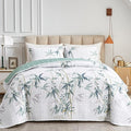 Botanical Quilt Set 3 Piece California King, Green Leaves Printed on White Reversible Bedspread Coverlet Set, Soft Microfiber Lightweight Bed Cover for All Season (102" x 114", 1 Quilt+ 2 Pillow Sham)