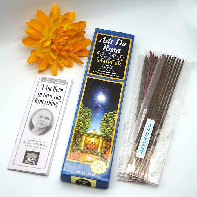 Adi Da Rasa 1 Pack Sampler (?Bright? Rose, Da Sangha, Holy Cat, Rose and Sandalwood) Incense, 25gms Natural Hand Rolled for Purification, Relaxation, Positivity, Yoga, Meditation, Made in India