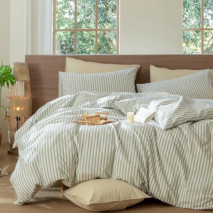 MooMee Striped Duvet Cover Set 100% Washed Cotton Linen Like Textured Breathable Durable Soft Comfy (Sage Green White Classic Stripes, Palatial King/Oversized King 120"x98")
