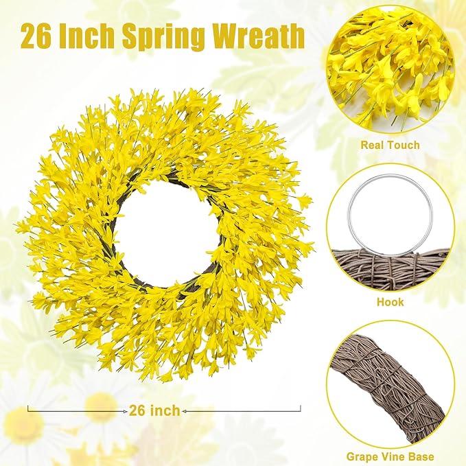 26 Inch Spring Wreaths for Front Door Large Spring Door Wreath Easter Valentines Wild Floral Summer Wreaths Outside All Season for Farmhouse Porch Wall Wedding Living Room Home Decor(Yellow)