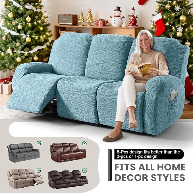 VANSOFY Recliner Couch Cover, 8-Pieces Stretch Recliner Sofa Cover Soft Jacquard Reclining Slipcover Furniture Protector with Elastic Bottom for Kid, Pets(3 Seat,Light Blue)