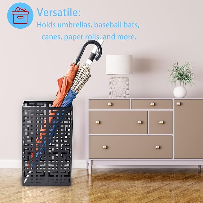 Umbrella Stand Rack for Entryway, Hollow Metal Holder, FreeStanding Storage Bin for Long Umbrellas, Holds 6-7, Black