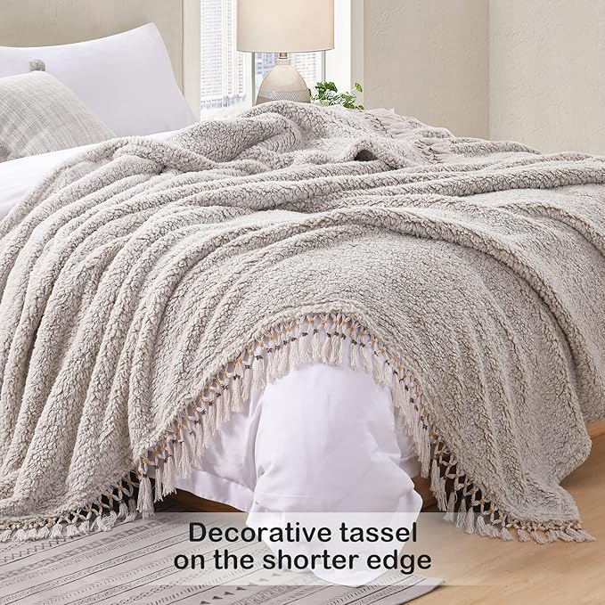 Ultra Soft Fleece Sherpa Blanket Queen Size,Lightweight Cozy Boho Bed Blanket with Decorative Tassel, Pattern Reversible, 2 Tones Ombre Light Brown, 90”x90”