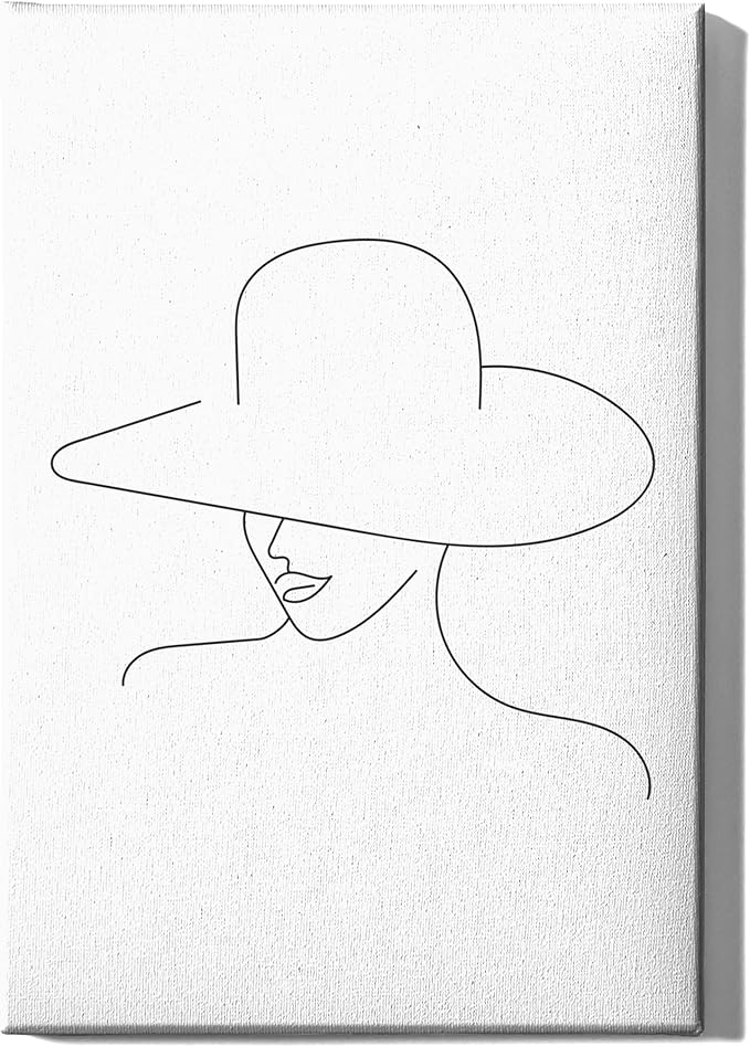 Elegant Woman in Hat Wrapped Canvas Wall Art Minimalist Feminine Profile 24x36 Inch Gallery Stretched Modern Asian Fashion Home Art Decor