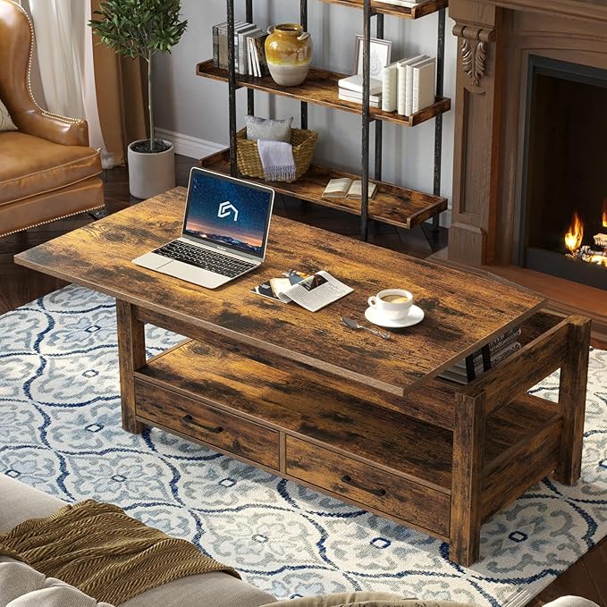 Rolanstar Coffee Table, 47.2" Lift Top Coffee Table with Drawers and Hidden Compartment, Retro Central Table with Wooden Lift Tabletop, for Living Room, Rustic Brown