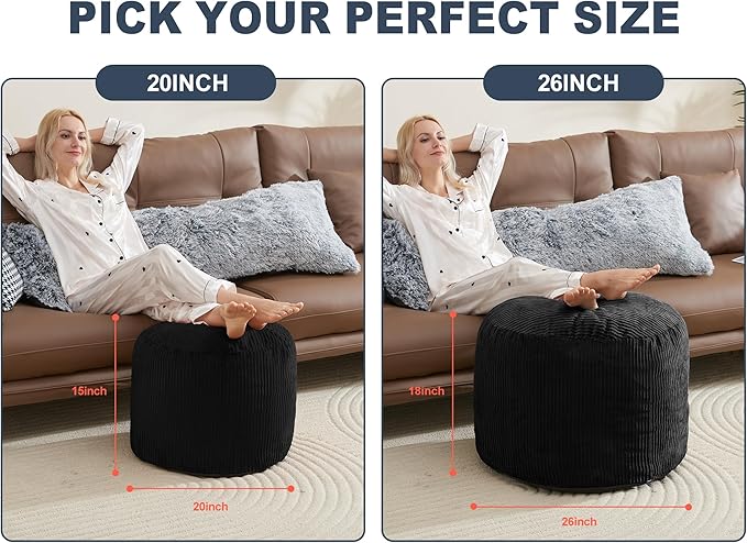 Pouf Ottoman Foot Stools with Foam Small Ottoman for Living Room Corduroy Ottomans Pouf 26x18 Floor Poufs Foot Rest for Chair Black Hassocks and Ottomans