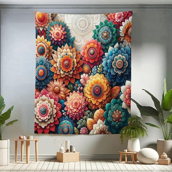 Ambesonne Flower Tapestry Twin Size, Contemporary Wild Floral with Delicate Oriental Feel Petals Boho Hippie, Wall Hanging Bedspread Bed Cover Wall Decor, 68" X 88", Vermilion Teal Sea Blue