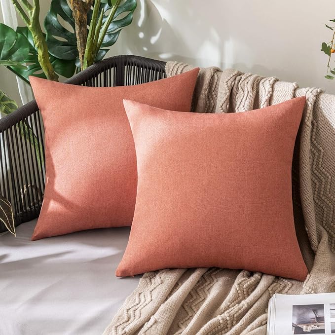 MIULEE Pack of 2 Decorative Outdoor Solid Waterproof Throw Pillow Covers Spring Faux Linen Garden Farmhouse Cushion Cases for Summer Patio Tent Balcony Couch Sofa 18x18 Inch Coral Red